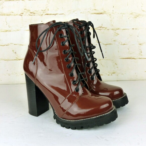 Jeffrey Campbell Legion Boot Women 8M Red Patent Leather Heel Lace Zip Lug Ankle - Picture 2 of 14